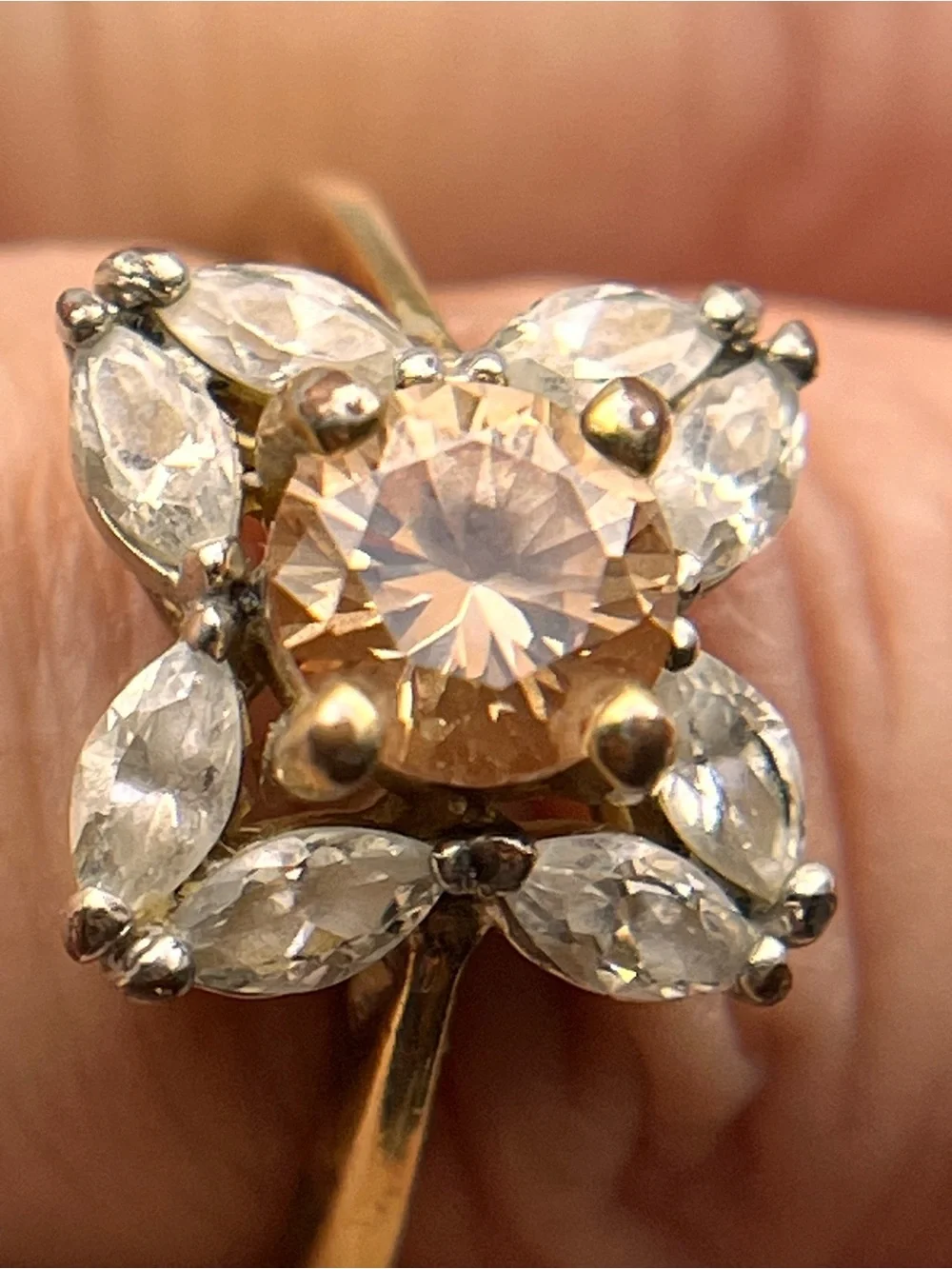 Vintage Gold Butterfly Ring with Peach Center Stone & Clear Accent Stones